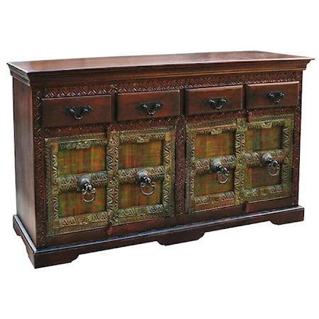 Old Door Traditional Carved Trim 4-Drawer 4-Door Sideboard